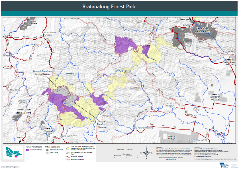  The map below shows the area of Brataualung Forest Park in purple shading. The  'Cores and Links' area is represented by yellow shading. The nearby existing reserves of Tarra-Bulga National Park, Gunyah Rainforest Reserve and Gunyah Scenic Reserve are also shown.
